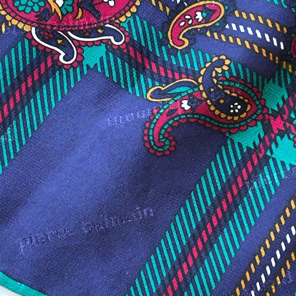 Pierre Balmain Scarf 30x30 Purple Green Paisley Plaid Square Silk Mix